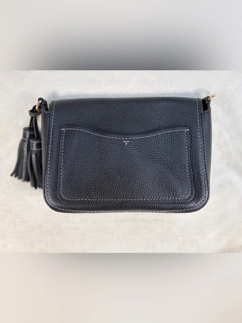 Tory Burch Thea Flap Black Pebbled Leather‎ Crossbody with Tassel and Wide Strap